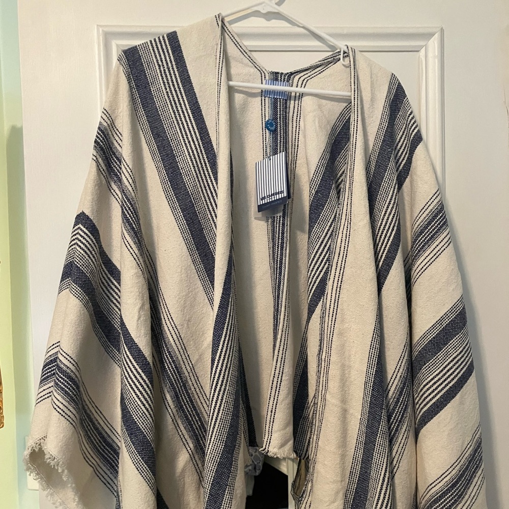 LES CANEBIERS Striped Blue and White Poncho BEACH